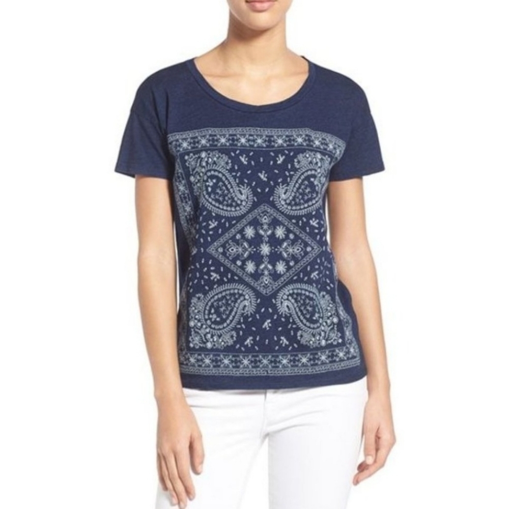 Lucky Brand Navy Paisley Bandana Print Short Sleeve Tee
